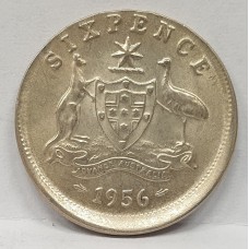 AUSTRALIA 1956 . SIXPENCE . ERROR . MIS-STRIKE . HUGE LIP